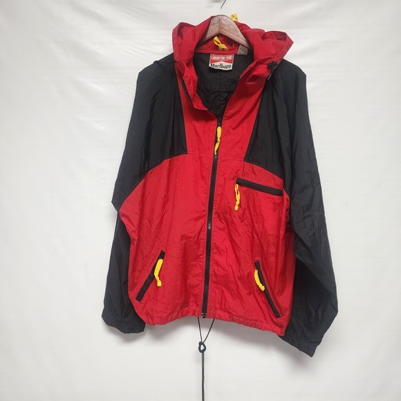 Marlboro Adventure Team Windbreaker Jacket Vintage 90s Black Red Size XL Hooded - Picture 1 of 8